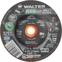 FLEXCUT MILL SCALE Grinding Wheel, 4-1/2", 36 Grit, Aluminum Oxide, 5/8"-11, 13300 RPM, Type 29 Sécurité Médic